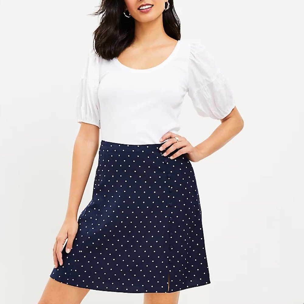 Loft Petite Dotted Button Trim Linen Blend Skirt NWT